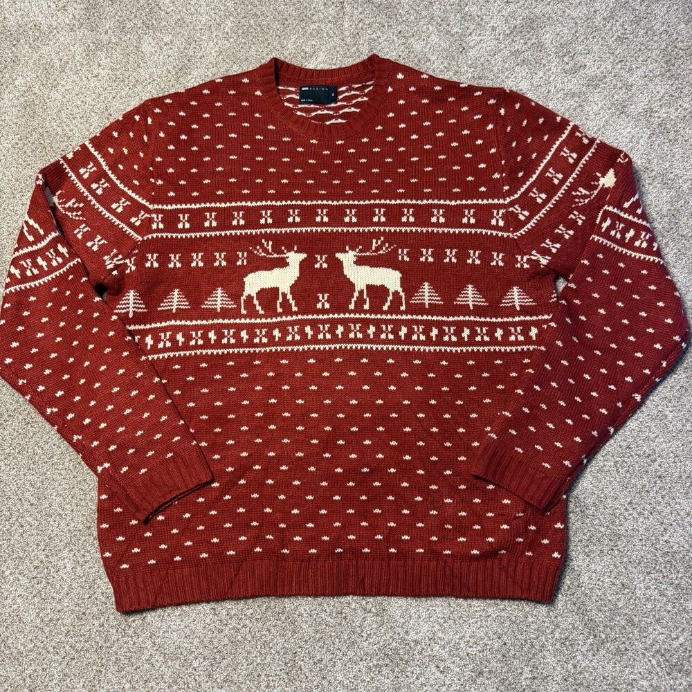 ASOS DESIGN Fair Isle Christmas Sweater Mens 2XL Red Reindeer Snowflake Holiday